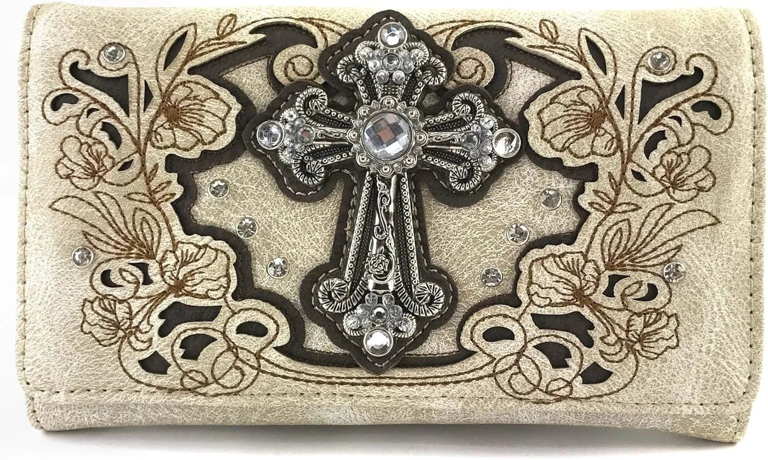 Justin West Embroidery Floral Glitter Bling Rhinestone Cross Shoulder Concealed Carry Handbag Purse Trifold Wallet