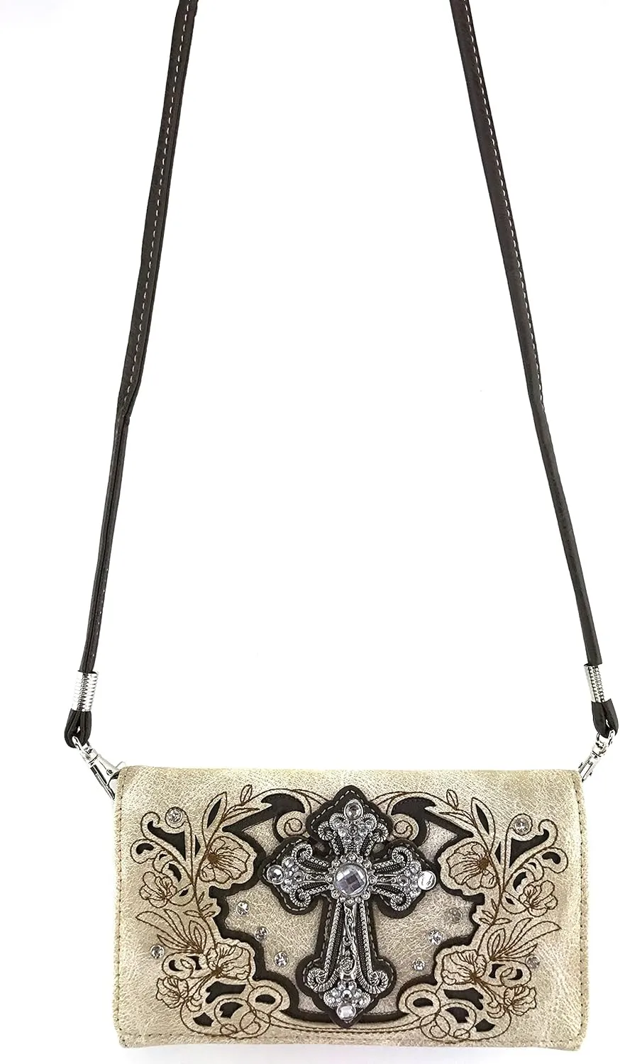 Justin West Embroidery Floral Glitter Bling Rhinestone Cross Shoulder Concealed Carry Handbag Purse Trifold Wallet