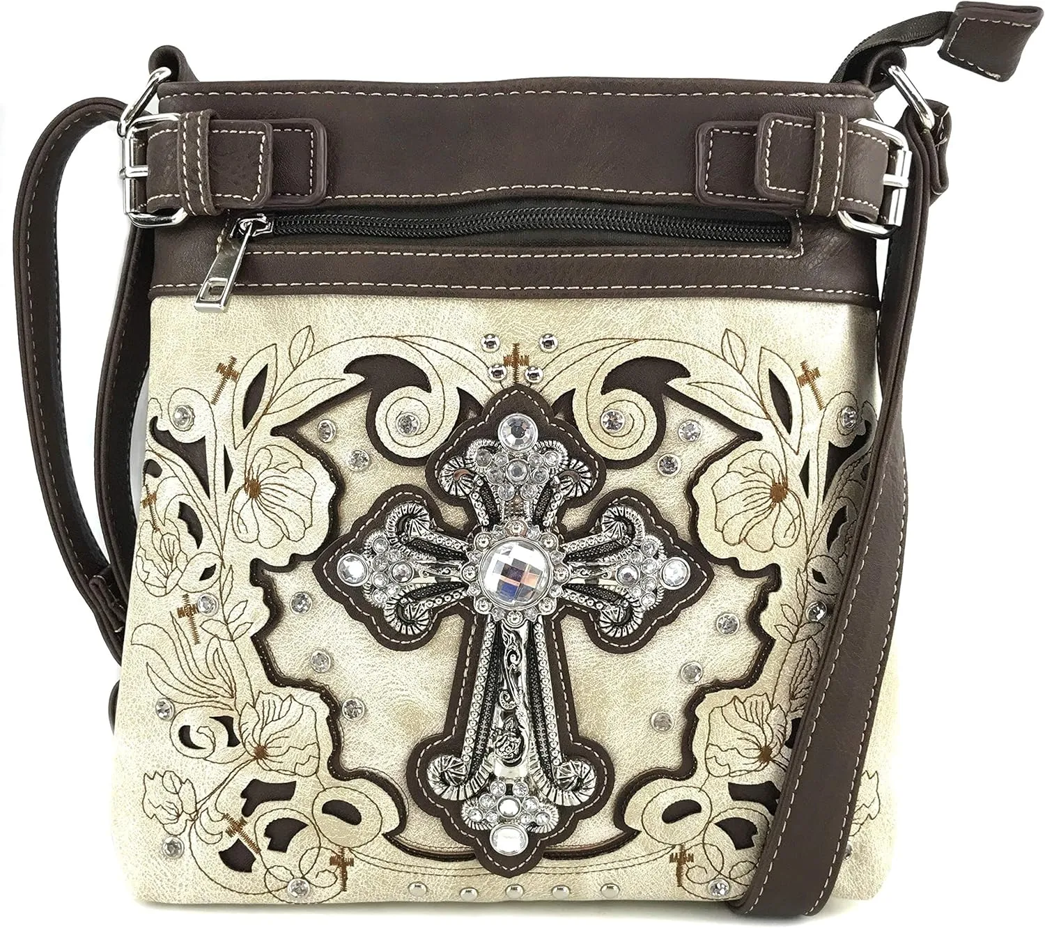 Justin West Floral Laser Cut Western Rhinestone Cross Handbag Purse Conceal Carry