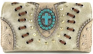 Justin West Floral Tooled Embroidered Western Turquoise Stone Cross Conceal Carry Handbag Purse
