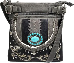 Justin West Western Tooled Floral Rose Laser Cut Rhinestone Concho Buckle Messenger Bag Purse with Long Crossbody Strap