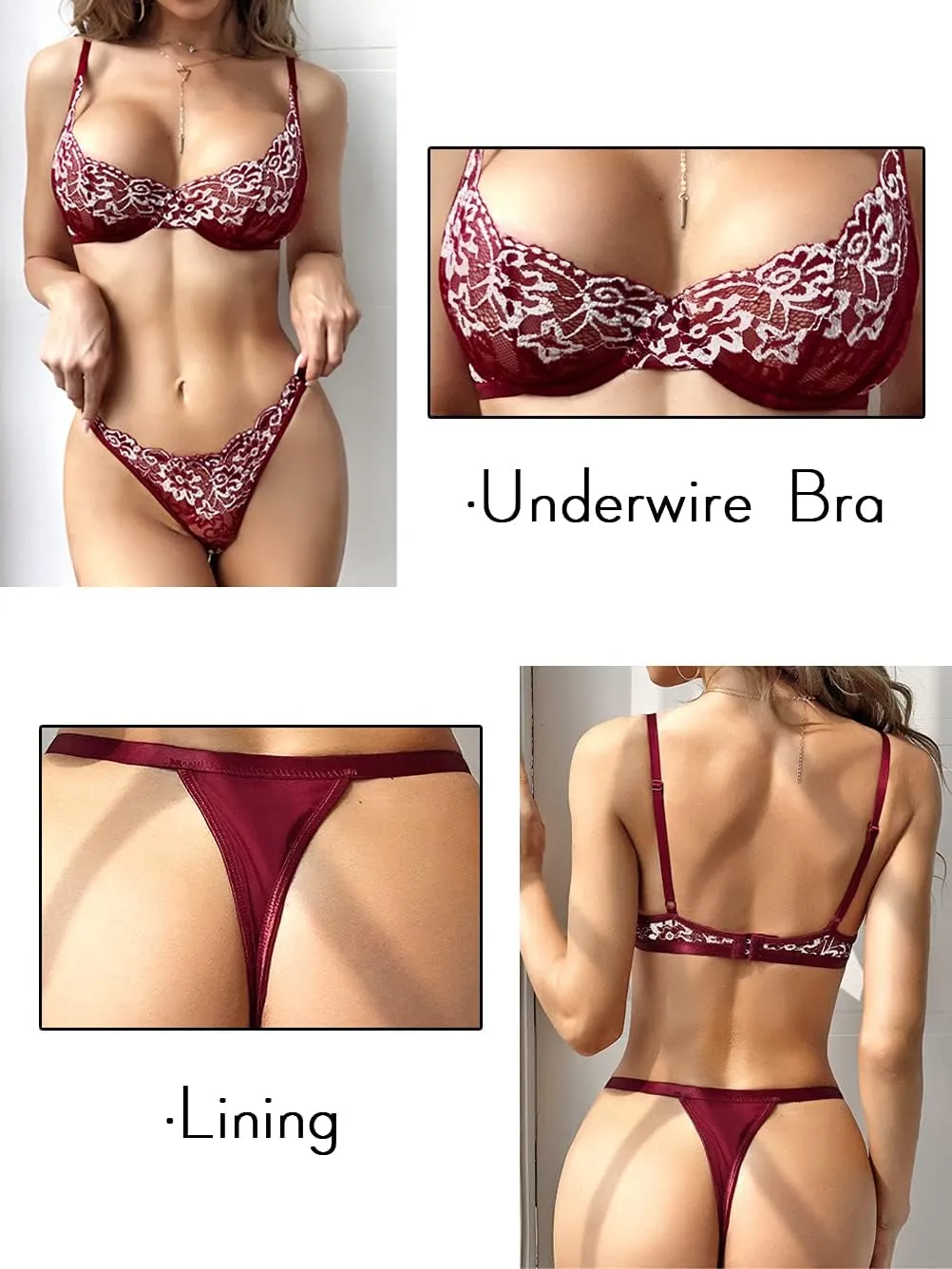 Kaei&Shi Sexy Bra And Panty Sets,Embroidered Two Piece Underwire Lingerie Set