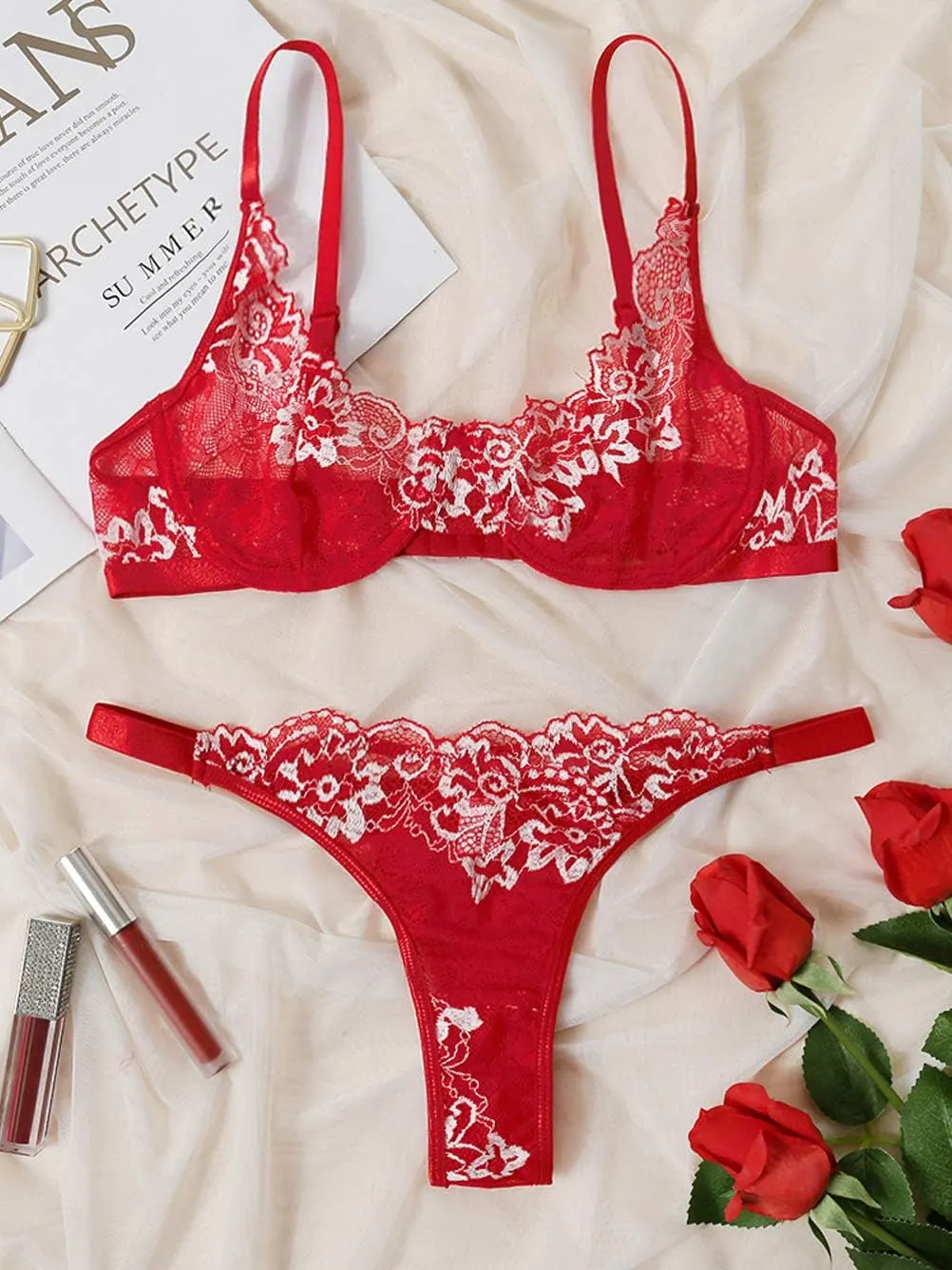 Kaei&Shi Sexy Bra And Panty Sets,Embroidered Two Piece Underwire Lingerie Set