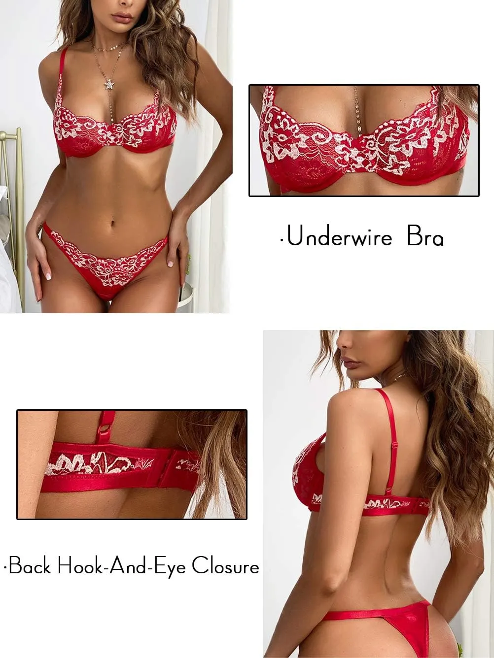 Kaei&Shi Sexy Bra And Panty Sets,Embroidered Two Piece Underwire Lingerie Set
