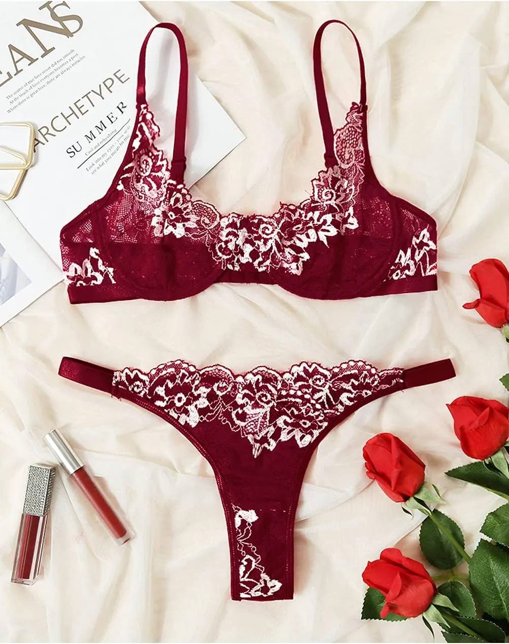 Kaei&Shi Sexy Bra And Panty Sets,Embroidered Two Piece Underwire Lingerie Set
