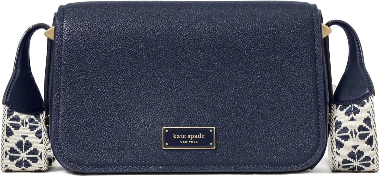 kate spade new york LIV Pebbled Leather Small Flap Crossbody with Webbed Strap, Parisian Navy