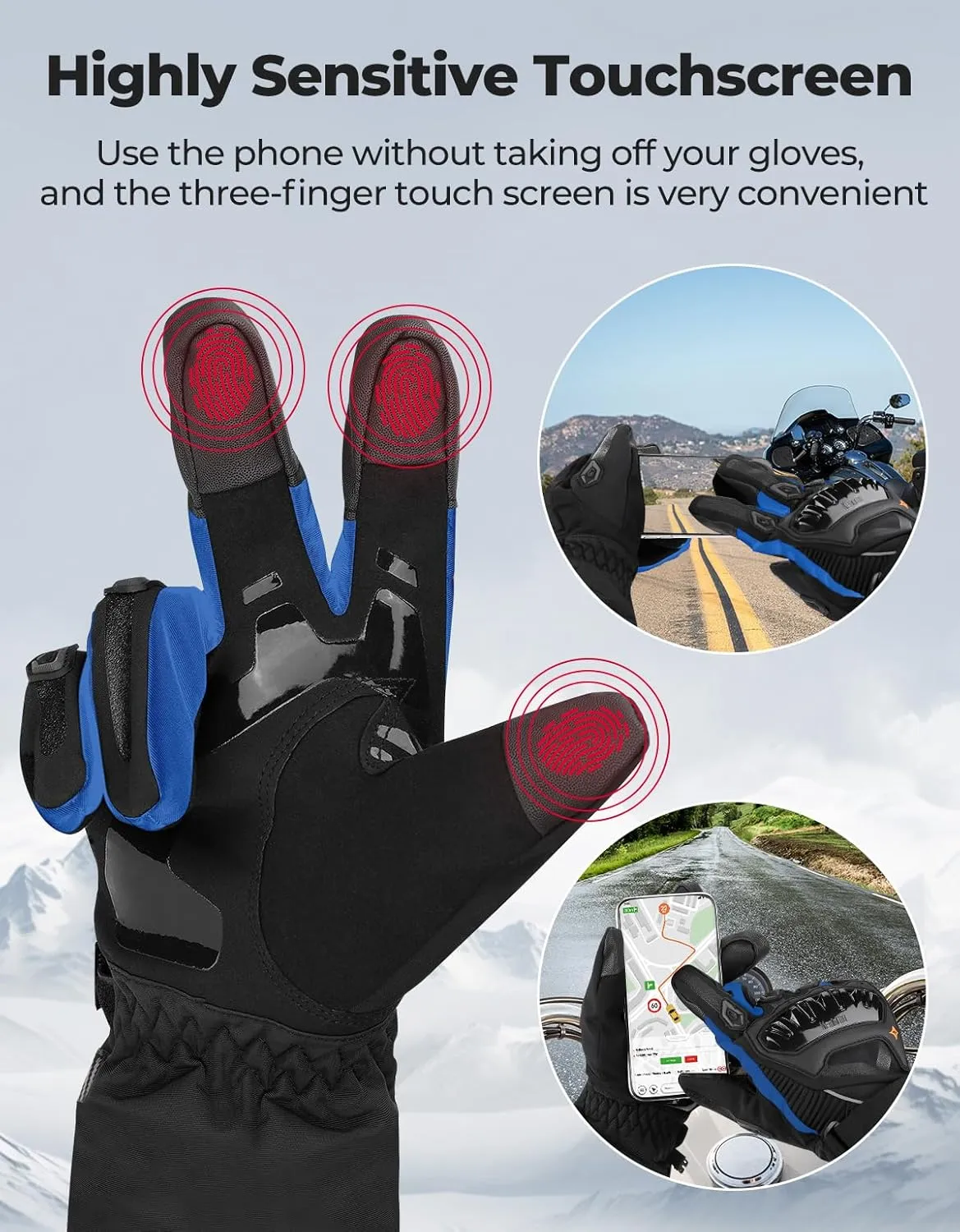 KEMIMOTO Winter Motorcycle Gloves, Rainproof Riding Gloves with Touchscreen for Riding, ATV, UTV, Snowmobile