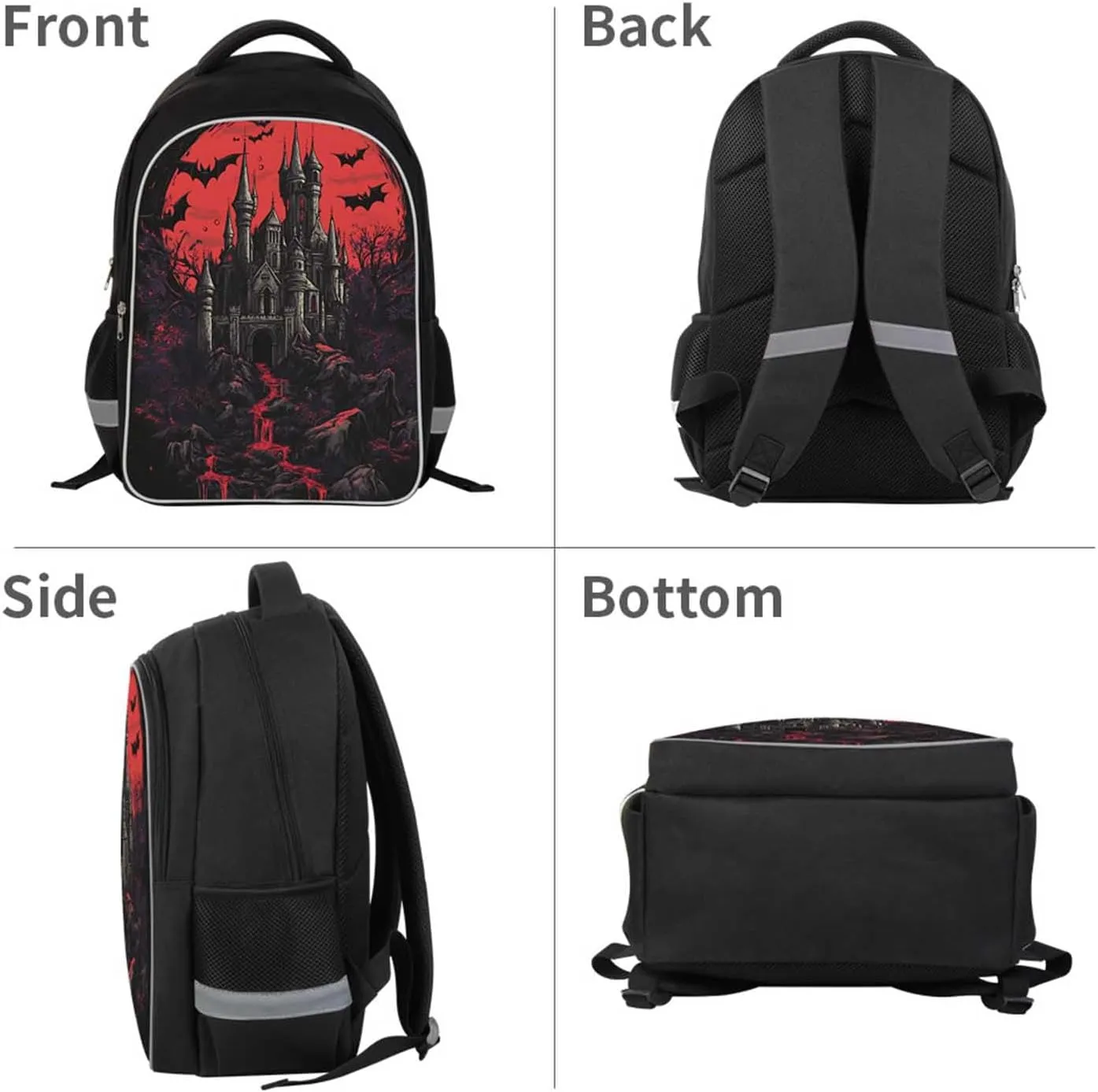 Kids Backpack for Boys, Children Teens Back Pack for Elementary Primary, Black School Bag with Halloween Castle Pattern, Large Capacity Bookbag for Children Students Aged 6 