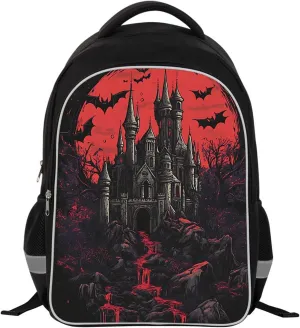 Kids Backpack for Boys, Children Teens Back Pack for Elementary Primary, Black School Bag with Halloween Castle Pattern, Large Capacity Bookbag for Children Students Aged 6 