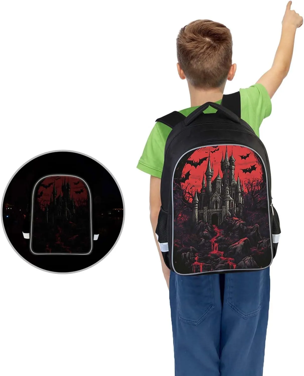 Kids Backpack for Boys, Children Teens Back Pack for Elementary Primary, Black School Bag with Halloween Castle Pattern, Large Capacity Bookbag for Children Students Aged 6 