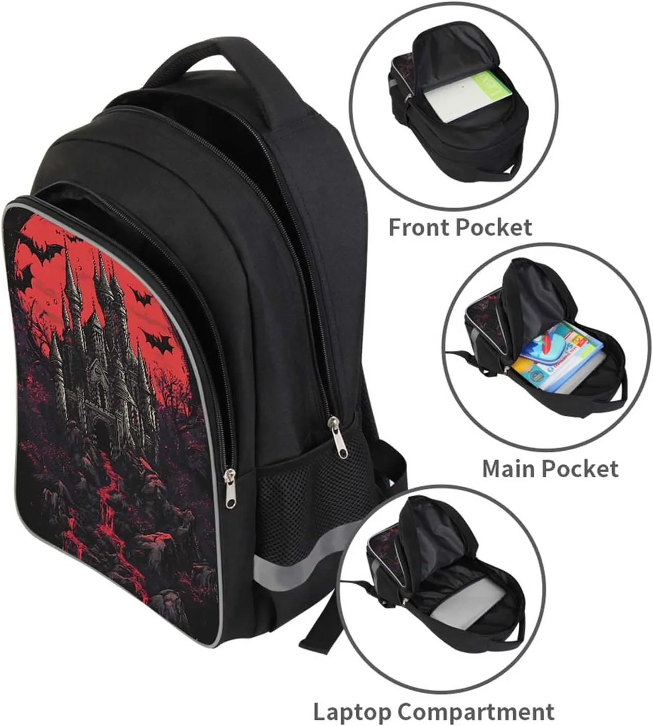Kids Backpack for Boys, Children Teens Back Pack for Elementary Primary, Black School Bag with Halloween Castle Pattern, Large Capacity Bookbag for Children Students Aged 6 