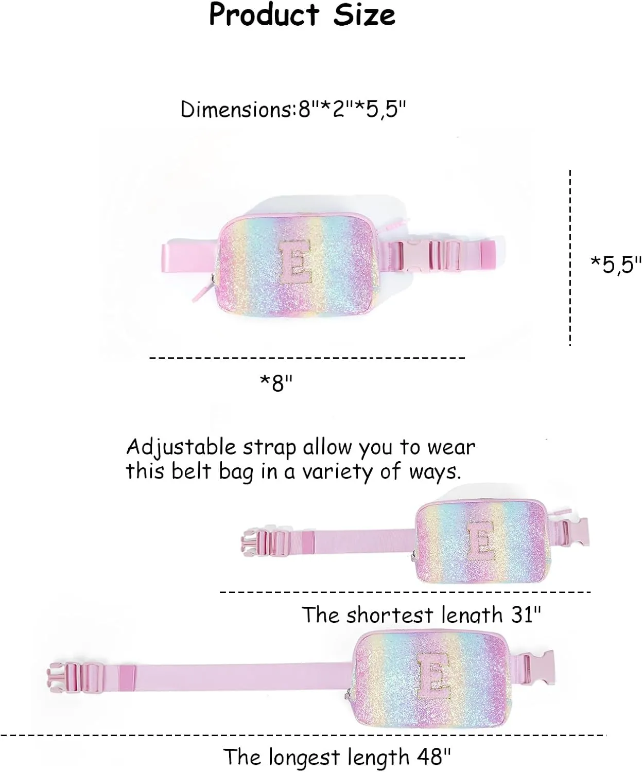 Kids Fanny Pack Glitter Waist Pack Initial Crossbody Bag Belt Bag for Girls Gifts Sparkly Cute Purse Rainbow E