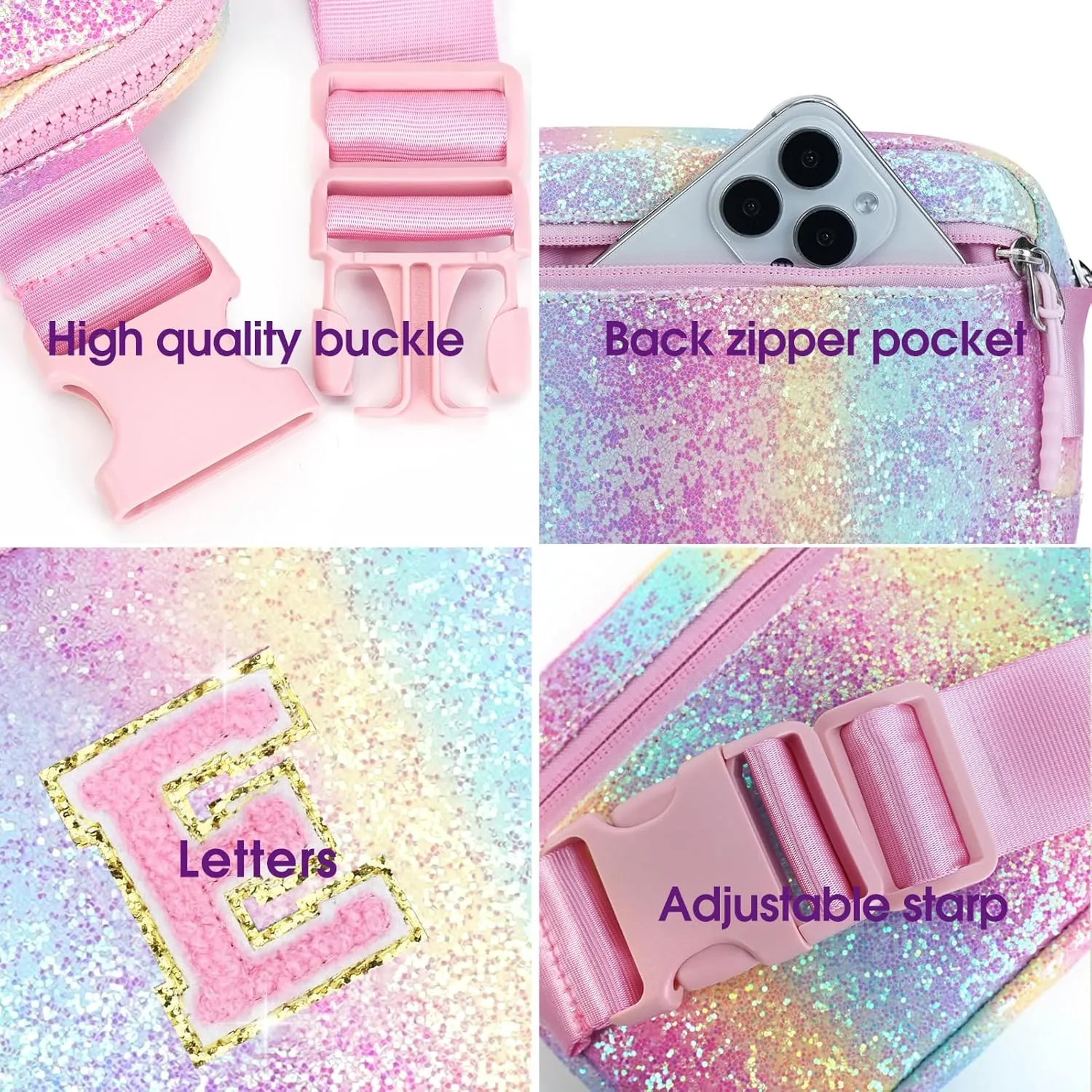 Kids Fanny Pack Glitter Waist Pack Initial Crossbody Bag Belt Bag for Girls Gifts Sparkly Cute Purse Rainbow E