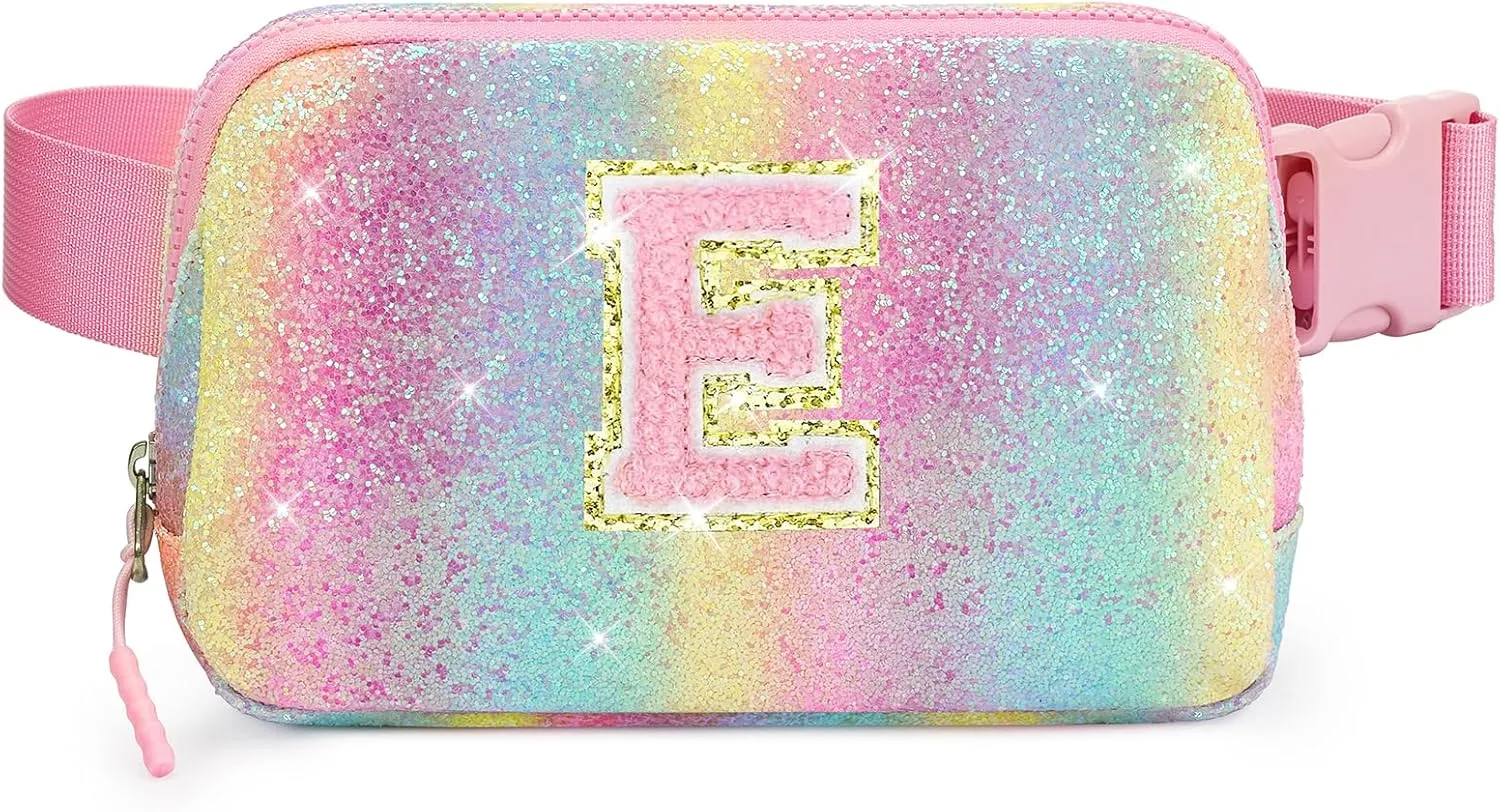 Kids Fanny Pack Glitter Waist Pack Initial Crossbody Bag Belt Bag for Girls Gifts Sparkly Cute Purse Rainbow E