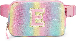 Kids Fanny Pack Glitter Waist Pack Initial Crossbody Bag Belt Bag for Girls Gifts Sparkly Cute Purse Rainbow E