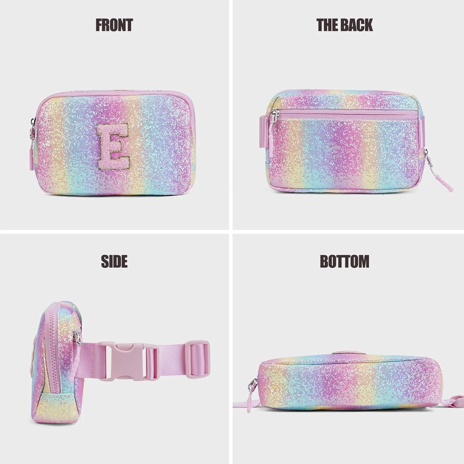Kids Fanny Pack Glitter Waist Pack Initial Crossbody Bag Belt Bag for Girls Gifts Sparkly Cute Purse Rainbow E