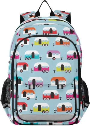 Kids School Backpack for Girls Boys Happy Camper Caravan Lightweight Laptop Bookbag Student Casual Travel Daypack