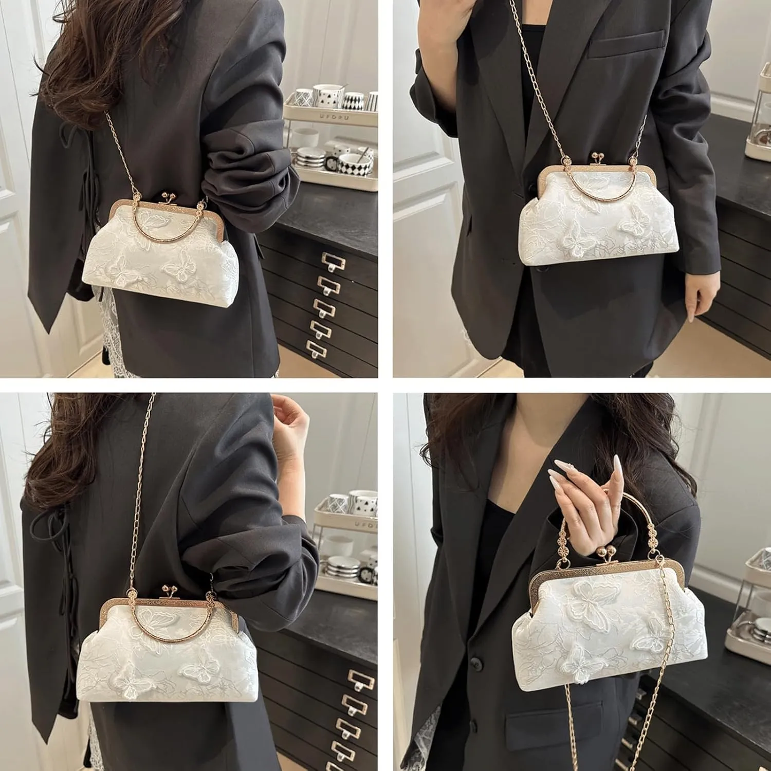 Kiss Lock Purse and Handbag for Women Floral Embroidered Crossbody Bag Medium Handbags Kiss Clasp Tote Shoulder Bags