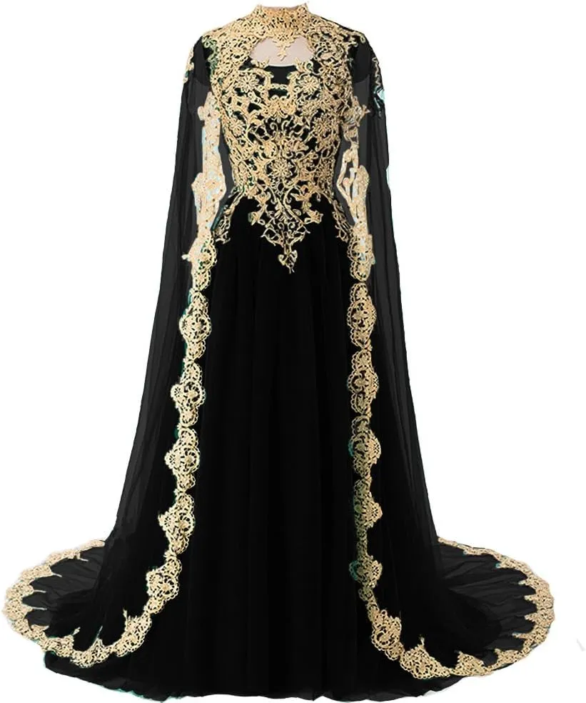 Kivary Gold Lace Vintage Long Prom Evening Dresses Wedding Gowns with Cape