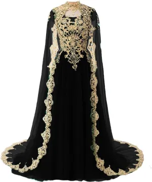 Kivary Gold Lace Vintage Long Prom Evening Dresses Wedding Gowns with Cape