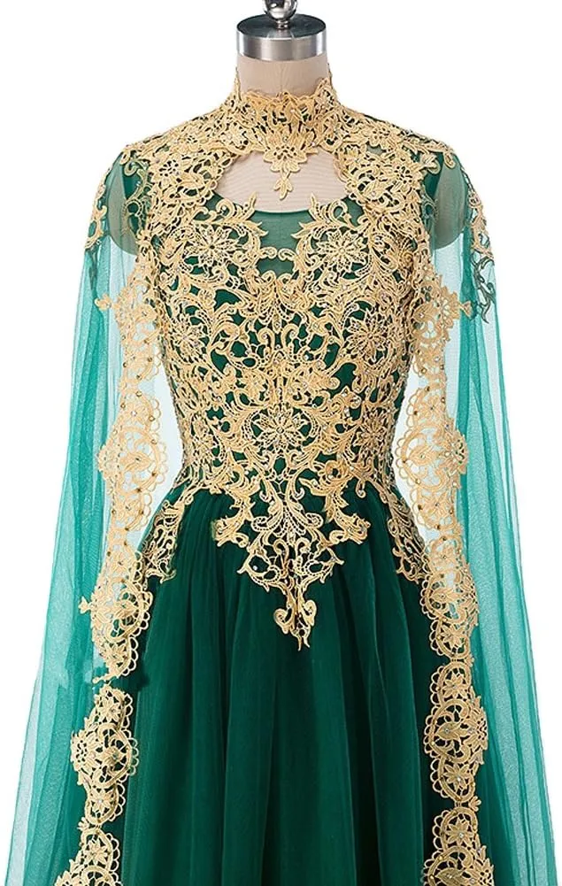 Kivary Gold Lace Vintage Long Prom Evening Dresses Wedding Gowns with Cape