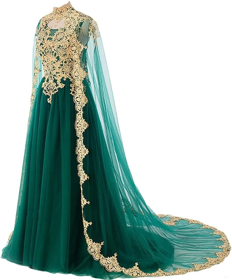 Kivary Gold Lace Vintage Long Prom Evening Dresses Wedding Gowns with Cape