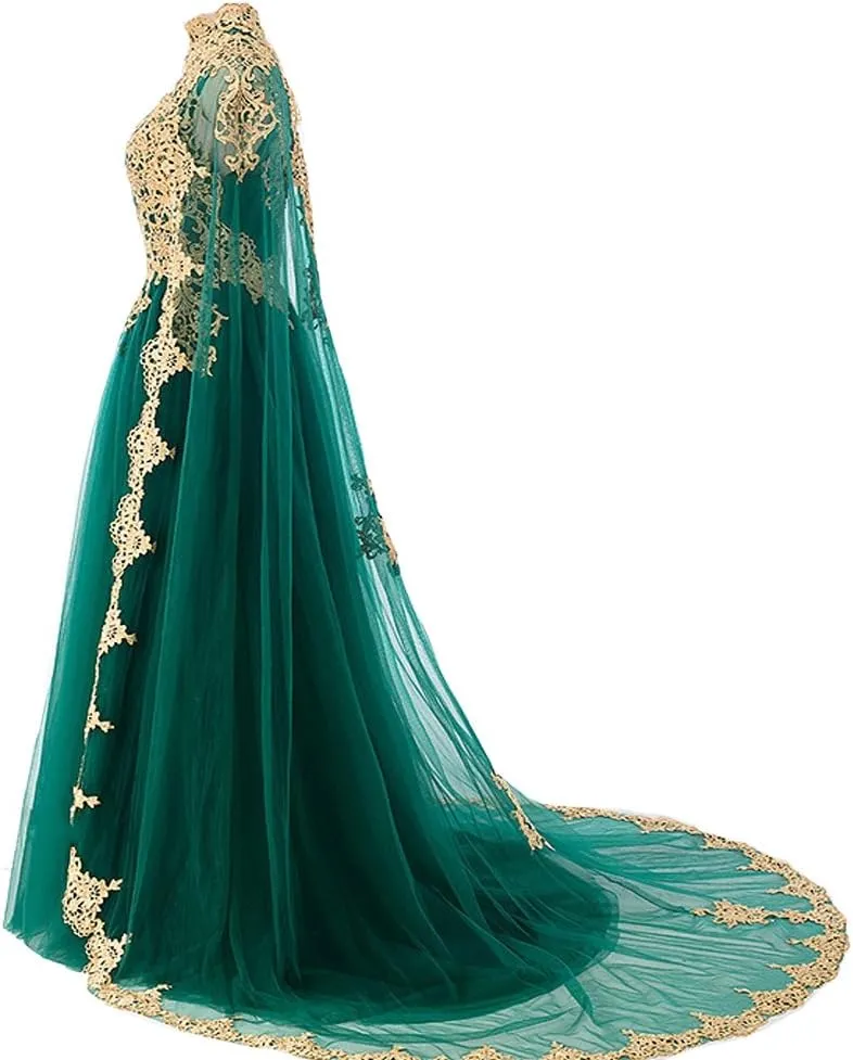 Kivary Gold Lace Vintage Long Prom Evening Dresses Wedding Gowns with Cape