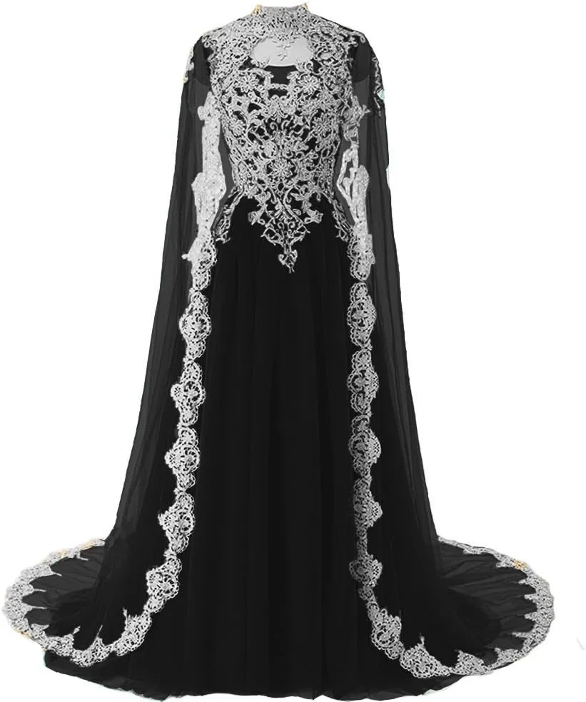 Kivary Gold Lace Vintage Long Prom Evening Dresses Wedding Gowns with Cape