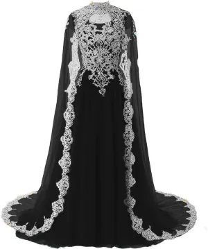 Kivary Gold Lace Vintage Long Prom Evening Dresses Wedding Gowns with Cape