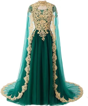 Kivary Gold Lace Vintage Long Prom Evening Dresses Wedding Gowns with Cape