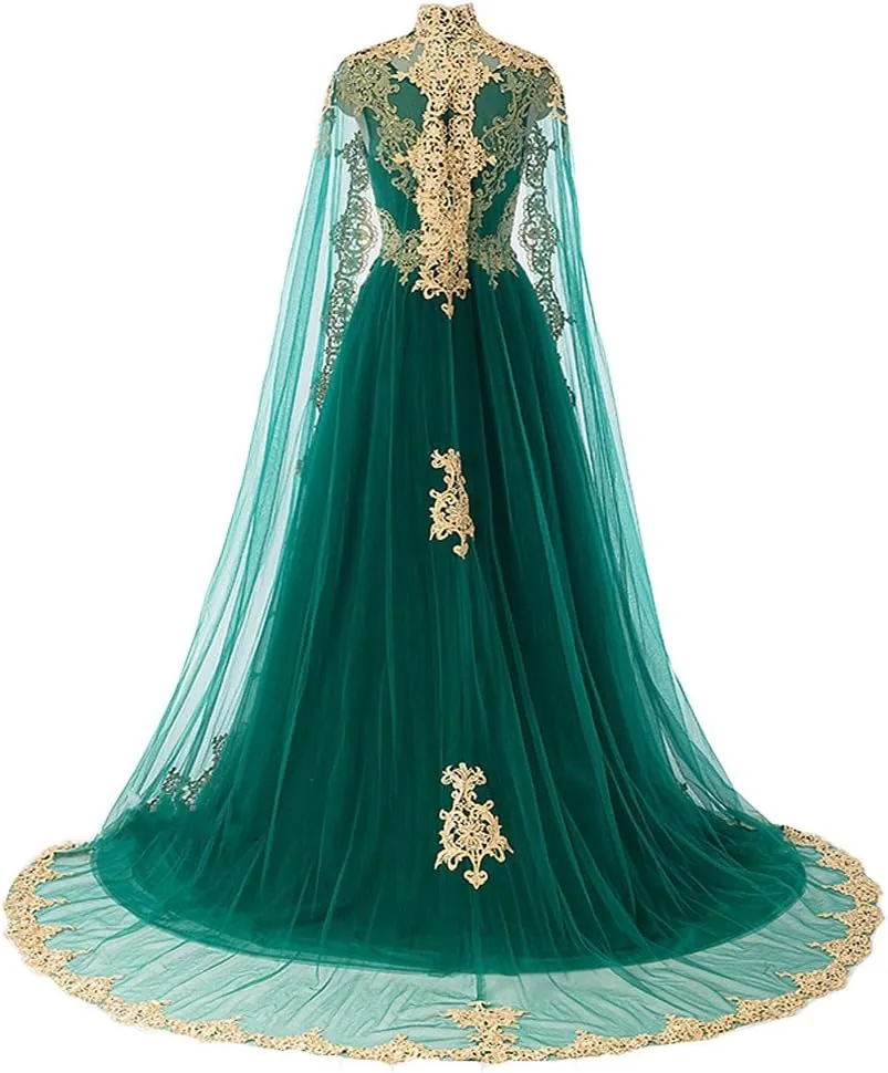 Kivary Gold Lace Vintage Long Prom Evening Dresses Wedding Gowns with Cape