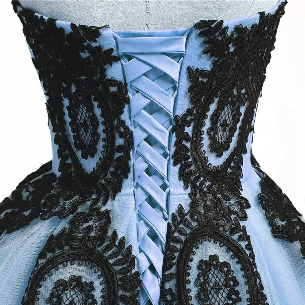Kivary Long Ball Gown Black Lace Gothic Corset Formal Prom Evening Dresses