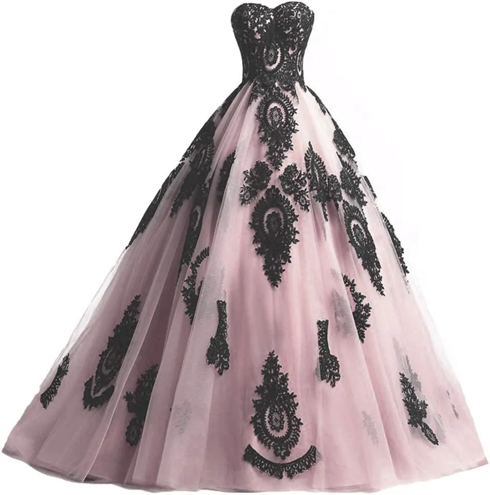 Kivary Long Ball Gown Black Lace Gothic Corset Formal Prom Evening Dresses