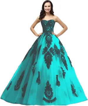 Kivary Long Ball Gown Black Lace Gothic Corset Formal Prom Evening Dresses