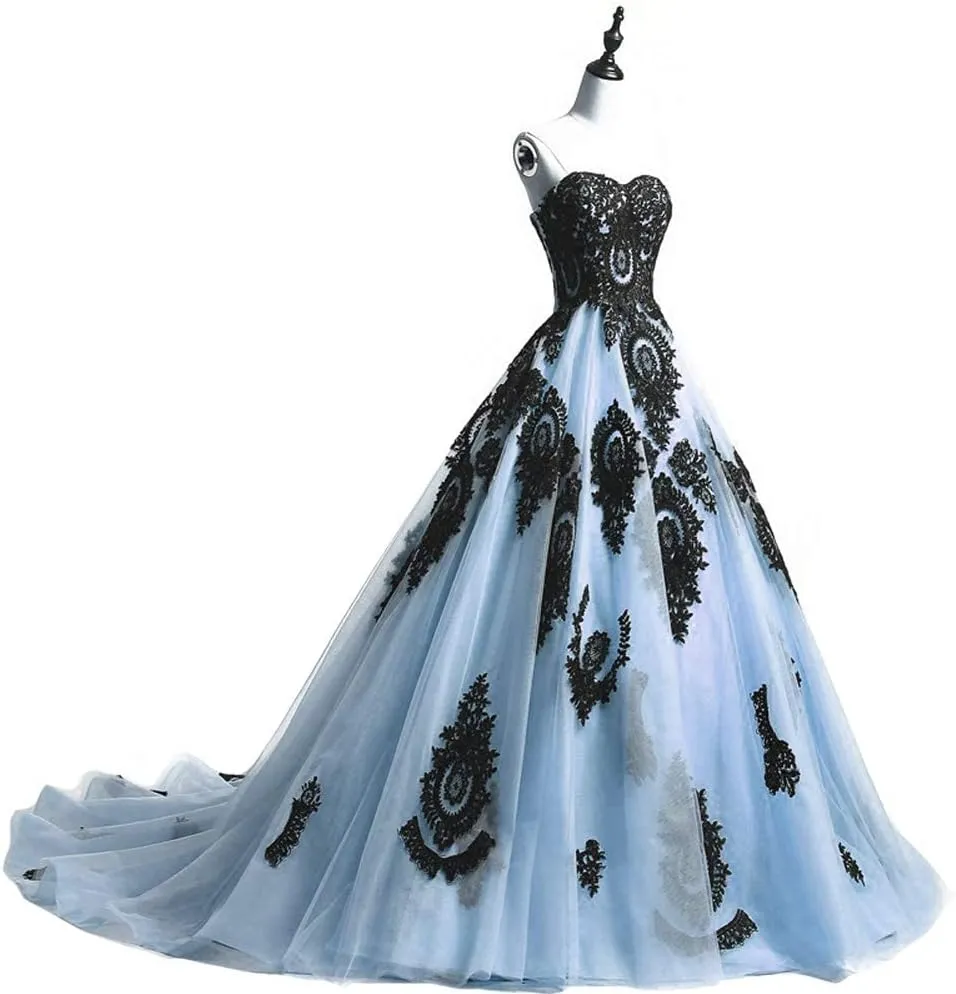 Kivary Long Ball Gown Black Lace Gothic Corset Formal Prom Evening Dresses