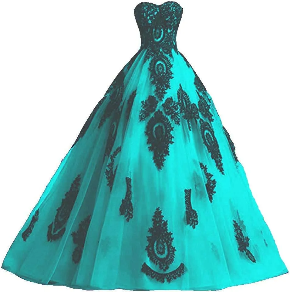 Kivary Long Ball Gown Black Lace Gothic Corset Formal Prom Evening Dresses
