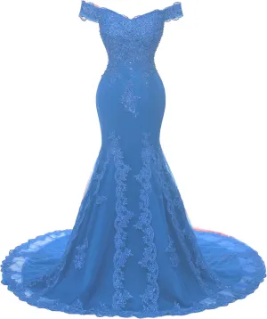 Kivary Off Shoulder Mermaid Long Lace Beaded Prom Dress Corset Evening Gowns