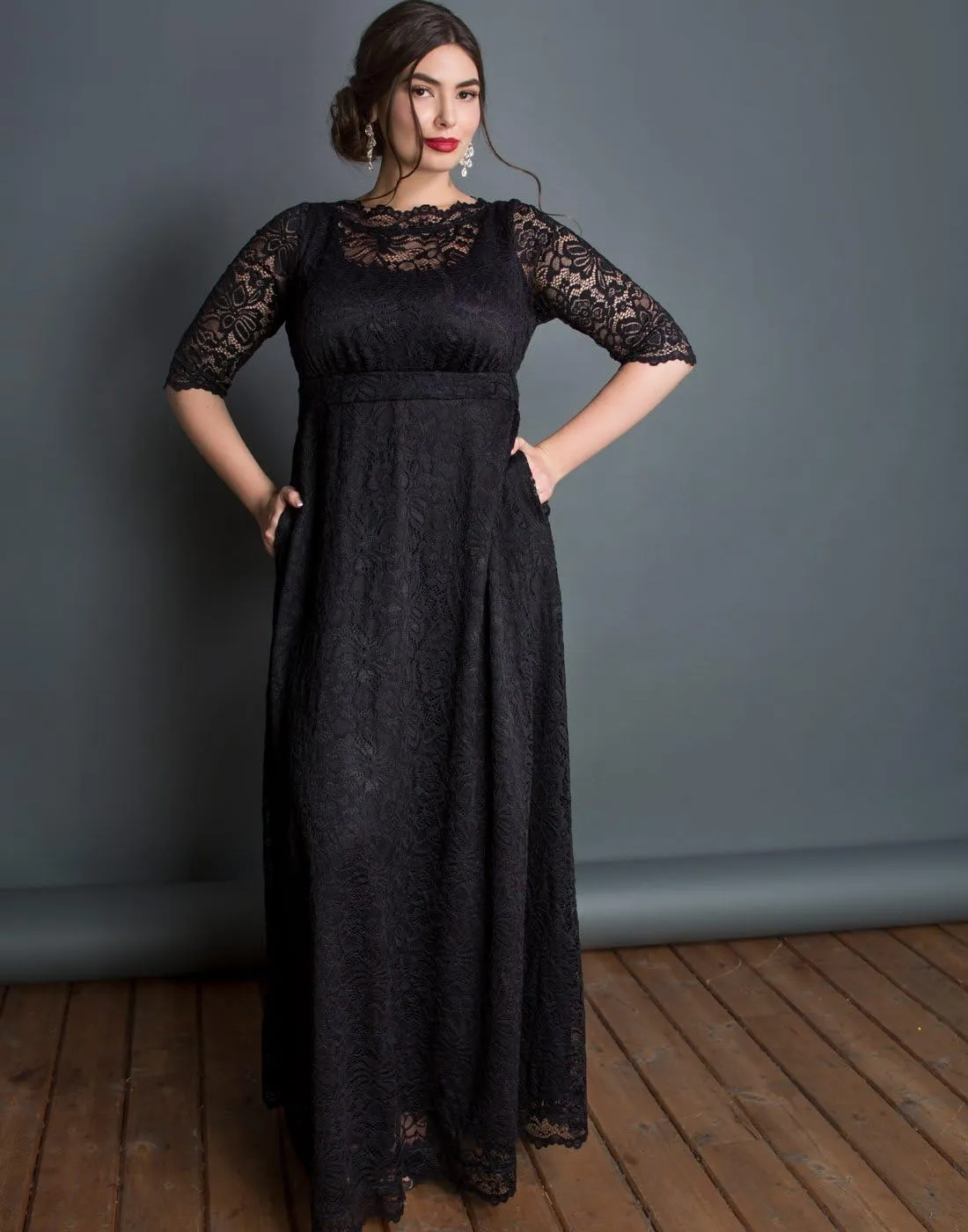 Kiyonna Women’s Plus Size Leona Lace Gown, Maxi Dress Formal Evening Ball Gown with Side Pockets for Wedding Guest