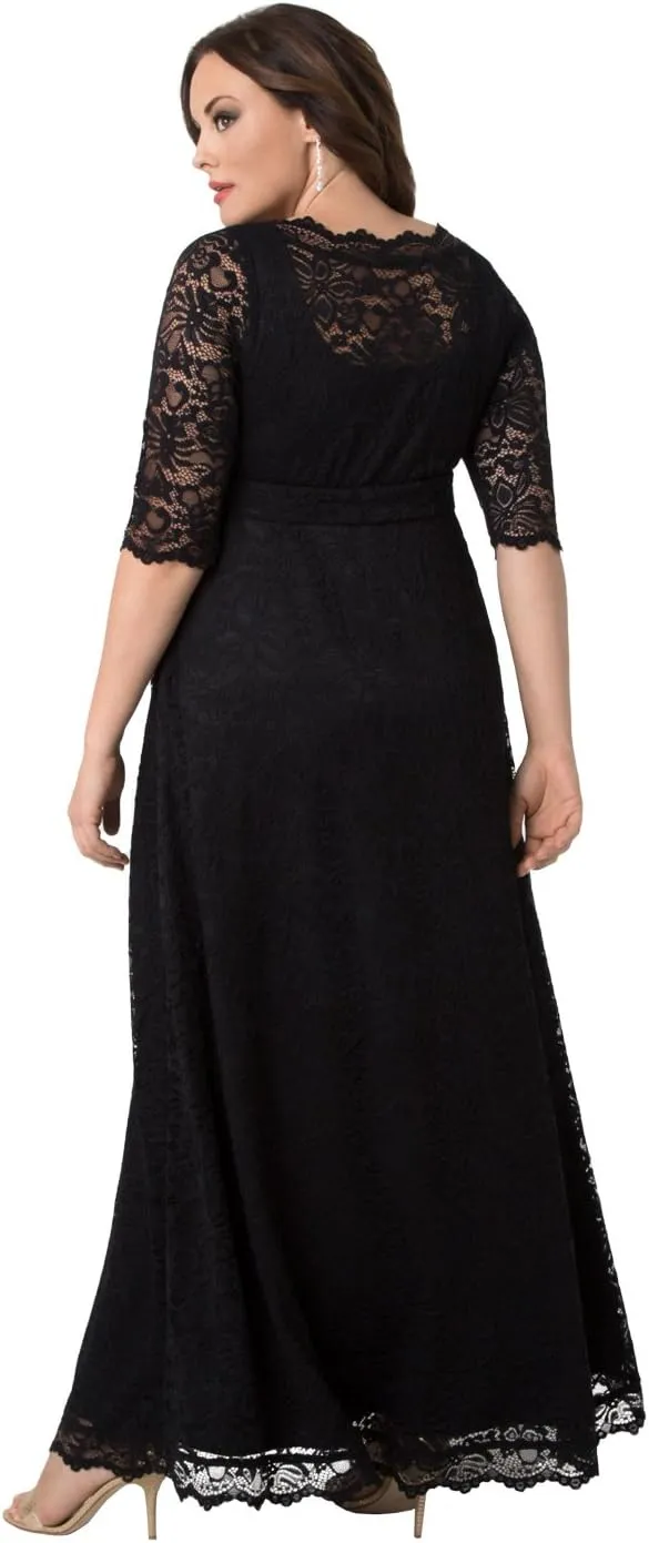 Kiyonna Women’s Plus Size Leona Lace Gown, Maxi Dress Formal Evening Ball Gown with Side Pockets for Wedding Guest