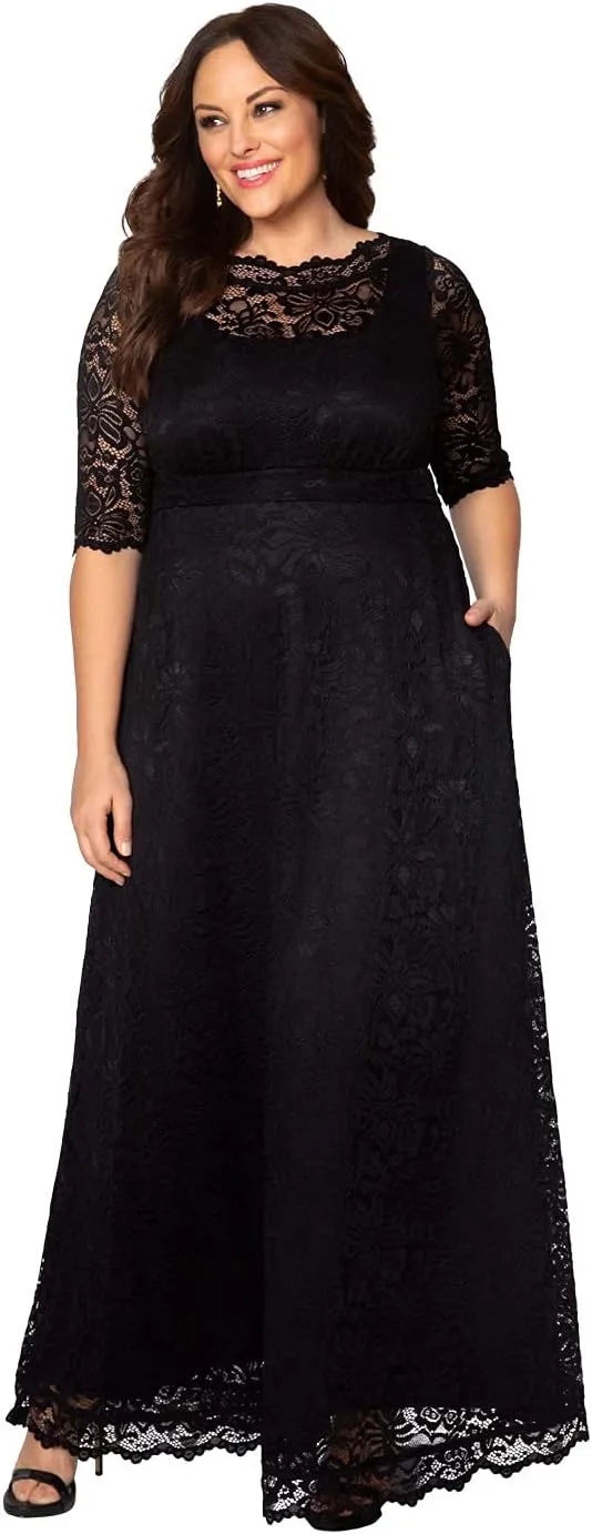Kiyonna Women’s Plus Size Leona Lace Gown, Maxi Dress Formal Evening Ball Gown with Side Pockets for Wedding Guest