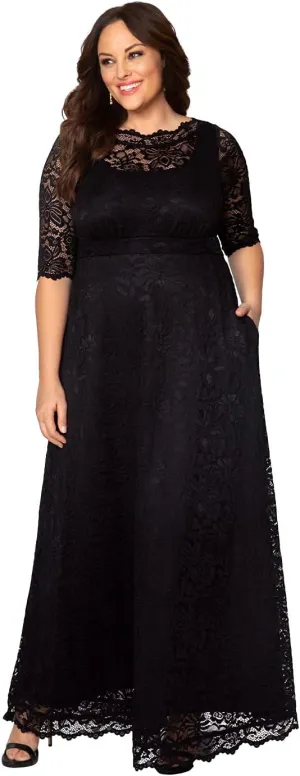 Kiyonna Women’s Plus Size Leona Lace Gown, Maxi Dress Formal Evening Ball Gown with Side Pockets for Wedding Guest
