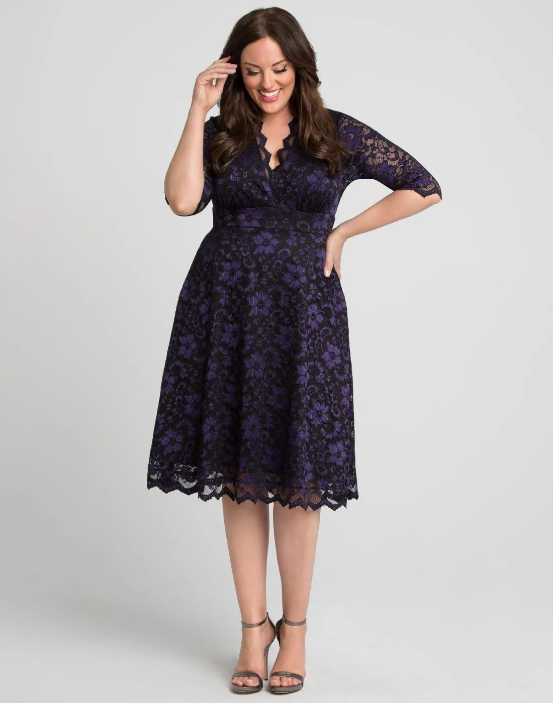 Kiyonna Women's Plus Size Mon Cherie Lace Dress, A-Line Midi Semi-Formal or Formal Cocktail Party Dress for Wedding Guest