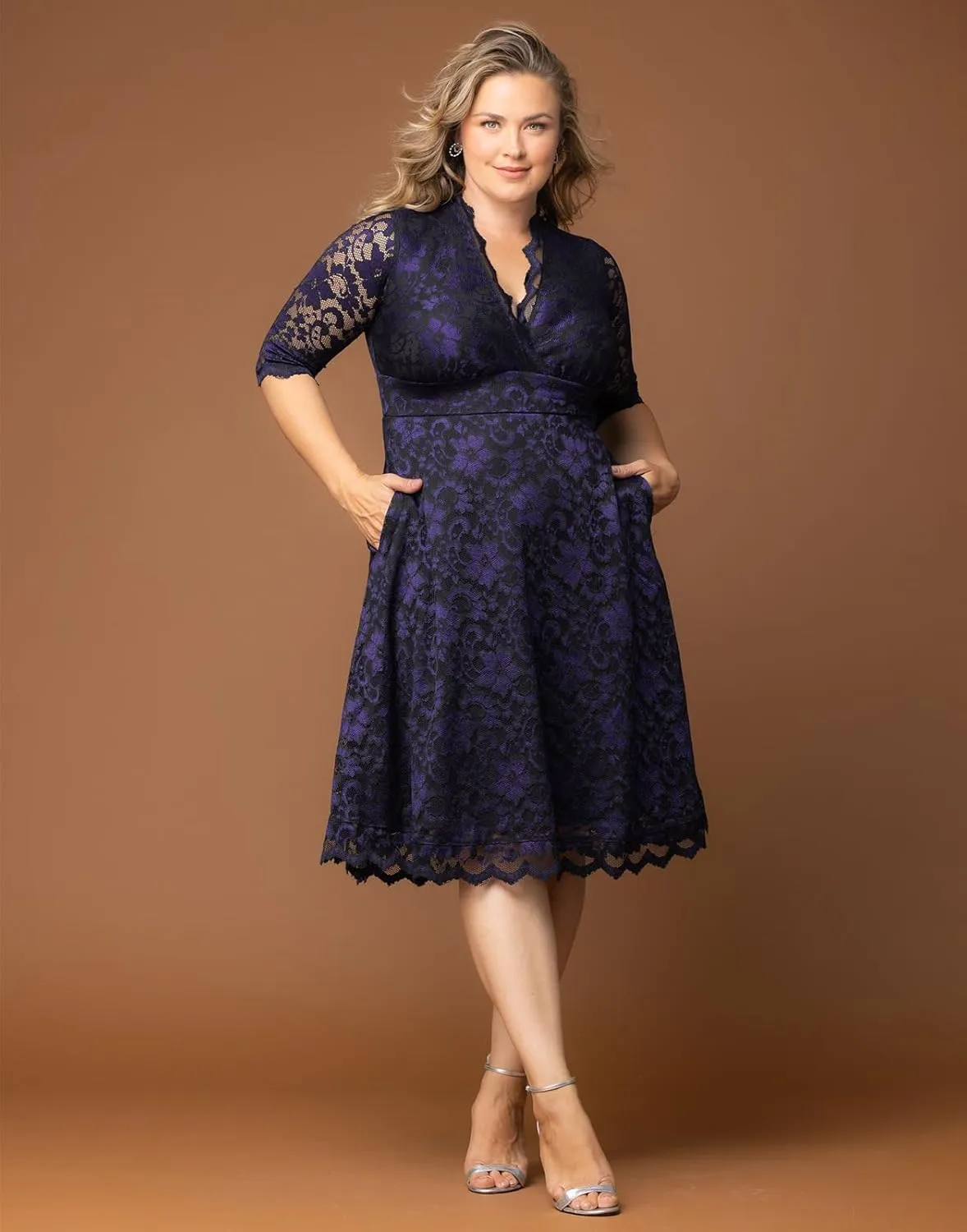 Kiyonna Women's Plus Size Mon Cherie Lace Dress, A-Line Midi Semi-Formal or Formal Cocktail Party Dress for Wedding Guest