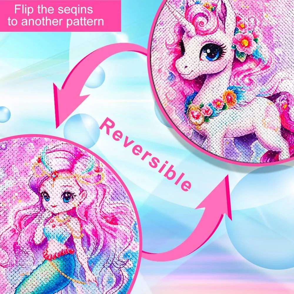 KLFVB 3PCS Unicorn Mermaid Backpack for Girls, 16" Sequin Kids Bookbag and Lunch Box, Preschool Backpacks for Elementary