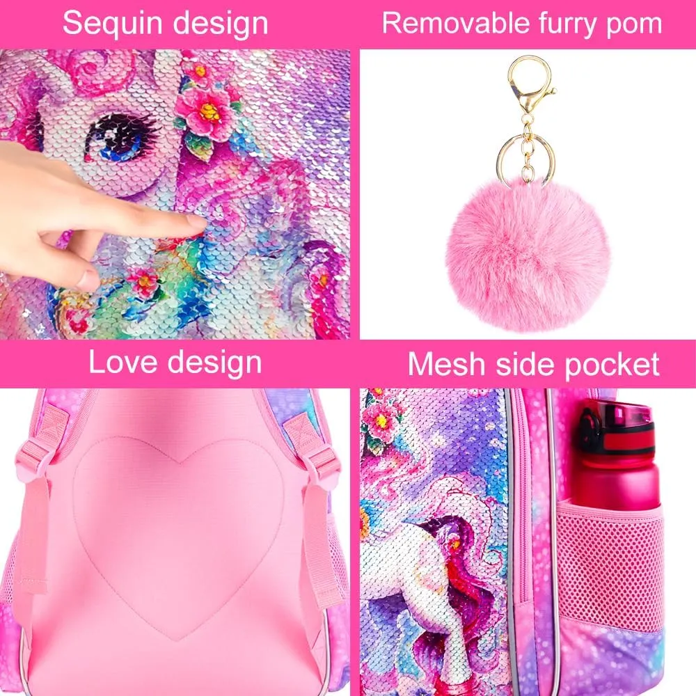 KLFVB 3PCS Unicorn Mermaid Backpack for Girls, 16" Sequin Kids Bookbag and Lunch Box, Preschool Backpacks for Elementary