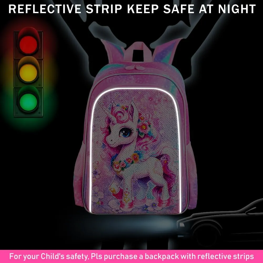 KLFVB 3PCS Unicorn Mermaid Backpack for Girls, 16" Sequin Kids Bookbag and Lunch Box, Preschool Backpacks for Elementary