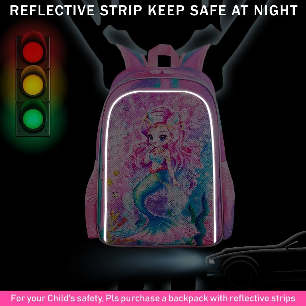 KLFVB 3PCS Unicorn Mermaid Backpack for Girls, 16" Sequin Kids Bookbag and Lunch Box, Preschool Backpacks for Elementary