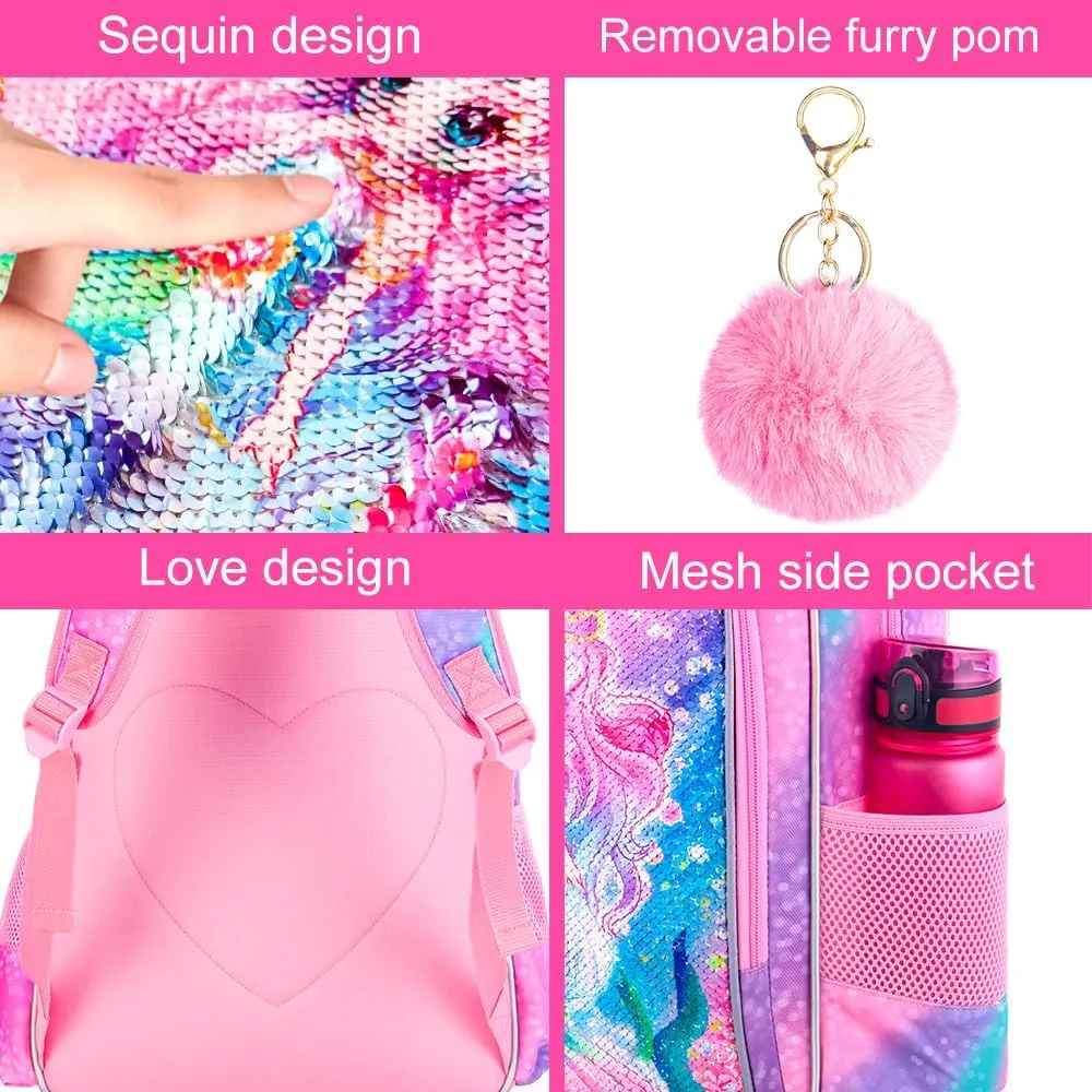 KLFVB 3PCS Unicorn Mermaid Backpack for Girls, 16" Sequin Kids Bookbag and Lunch Box, Preschool Backpacks for Elementary