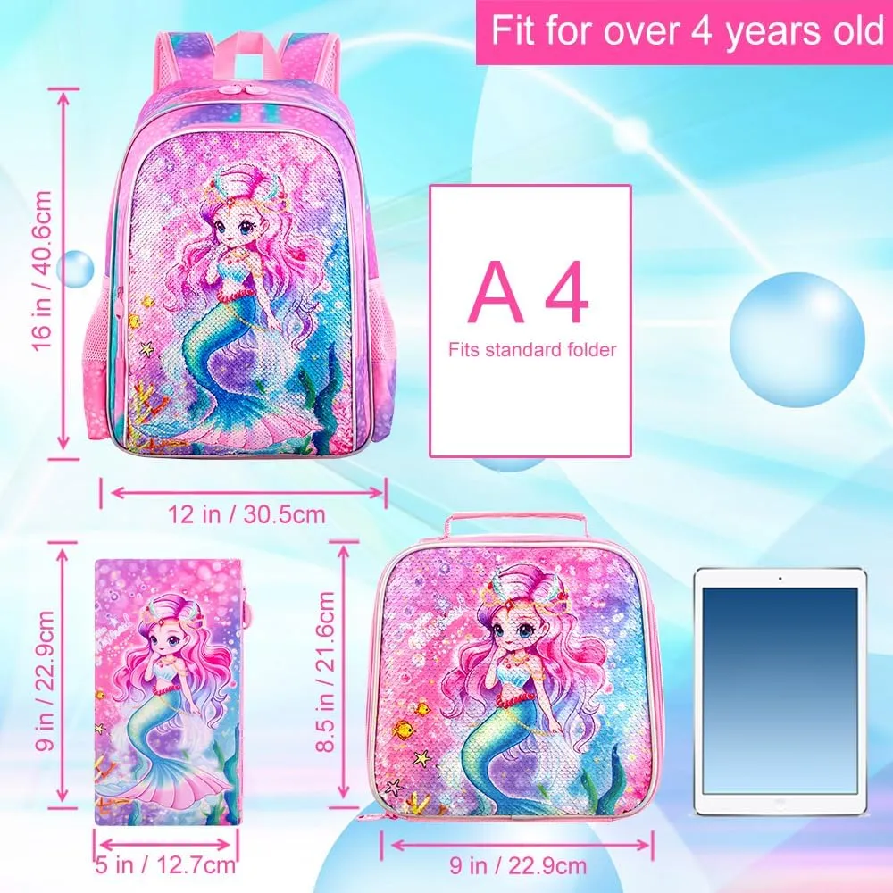 KLFVB 3PCS Unicorn Mermaid Backpack for Girls, 16" Sequin Kids Bookbag and Lunch Box, Preschool Backpacks for Elementary