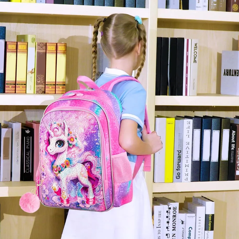 KLFVB 3PCS Unicorn Mermaid Backpack for Girls, 16" Sequin Kids Bookbag and Lunch Box, Preschool Backpacks for Elementary